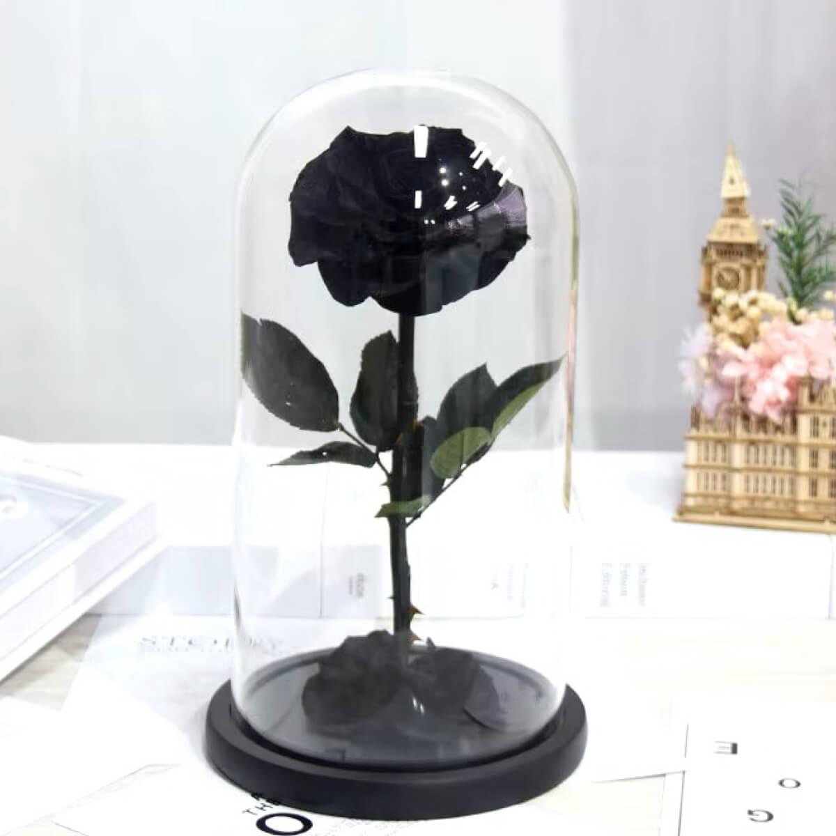 Trandafir Criogenat Negru Premium În Cupolă De Sticlă Cu Mesaj Personalizat - Trandafir - Criogenat.ro