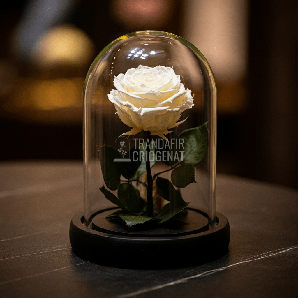 Trandafir Criogenat premium crem deschis in cupola de sticla, cu mesaj scris - Trandafir - Criogenat.ro