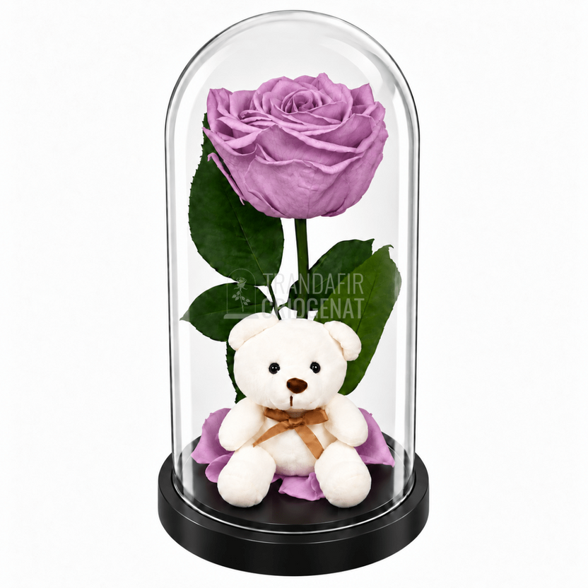 Trandafir criogenat Premium lila în cupolă de sticlă 12 × 25 cm - Trandafir-Criogenat.ro
