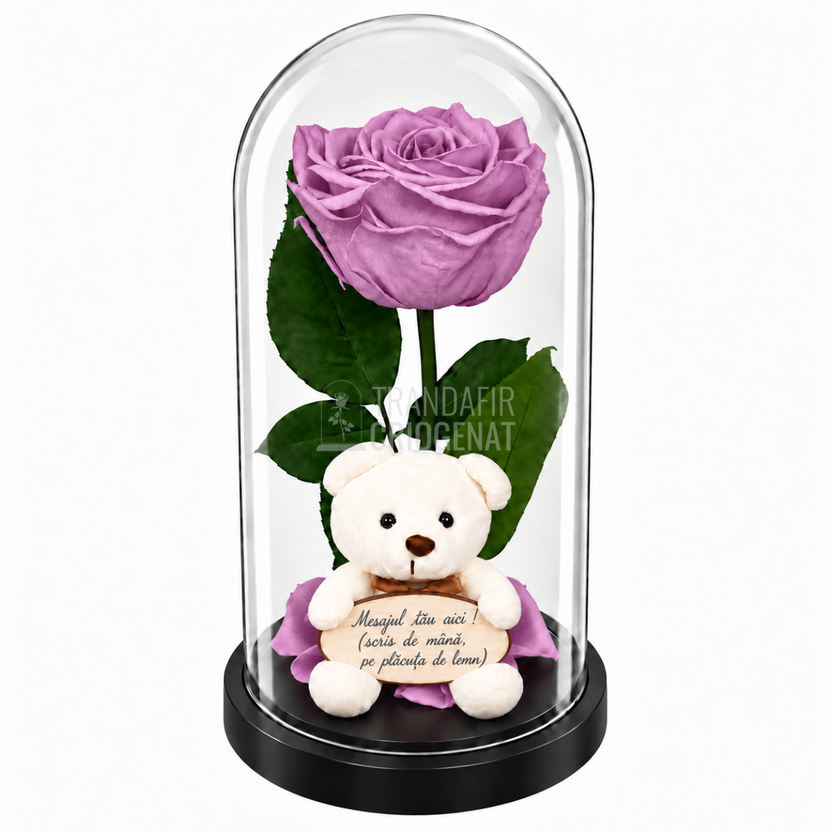 Trandafir criogenat Premium lila în cupolă de sticlă 12 × 25 cm - Trandafir-Criogenat.ro