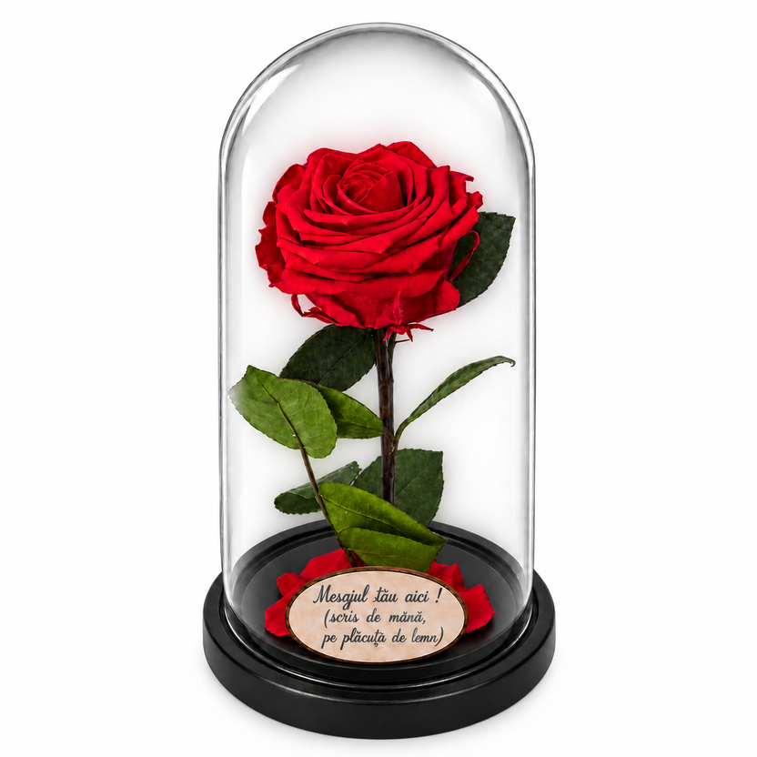 Trandafir criogenat Premium roșu în cupolă de sticlă 12 × 25 cm - Trandafir-Criogenat.ro