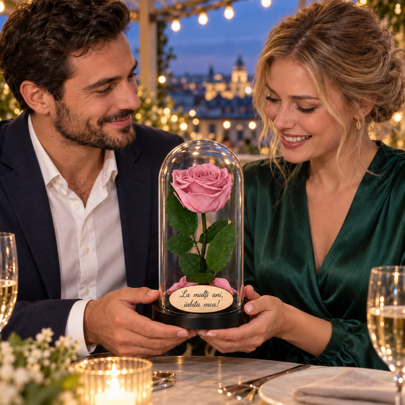 Trandafir criogenat Premium roz prăfuit în cupolă de sticlă 12 × 25 cm - Trandafir-Criogenat.ro