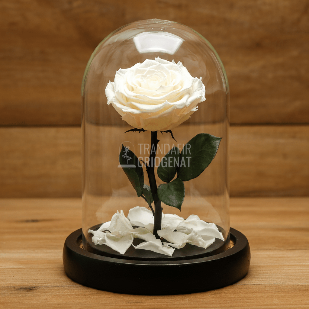 Trandafir Criogenat premium sampanie in cupola de sticla, cu mesaj scris - Trandafir - Criogenat.ro
