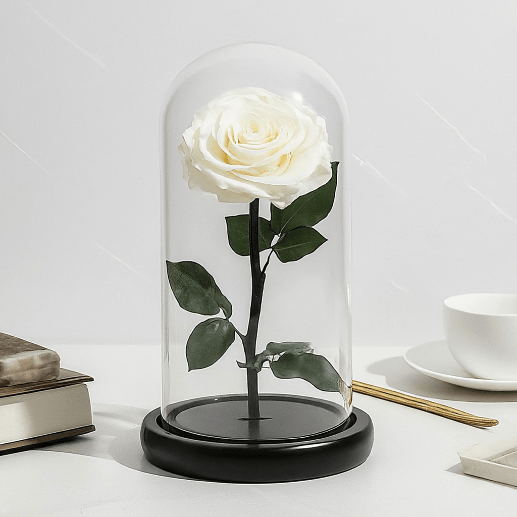 Trandafir Criogenat Premium Sampanie Sub Cupolă De Sticlă 12x25 Cm Decor Elegant - Trandafir - Criogenat.ro