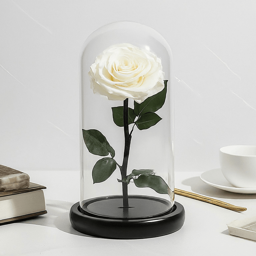 Trandafir Criogenat Premium Sampanie Sub Cupolă De Sticlă 12x25 Cm Decor Elegant - Trandafir - Criogenat.ro