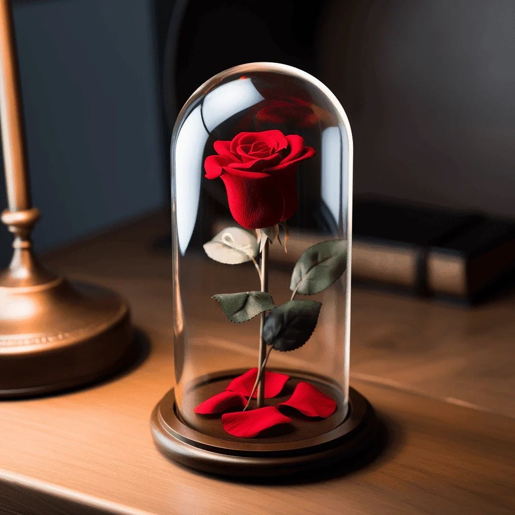 Trandafir Criogenat Roșu cu Cupolă Elegantă de Sticlă 12x25 cm Cadou Perfect - Trandafir - Criogenat.ro