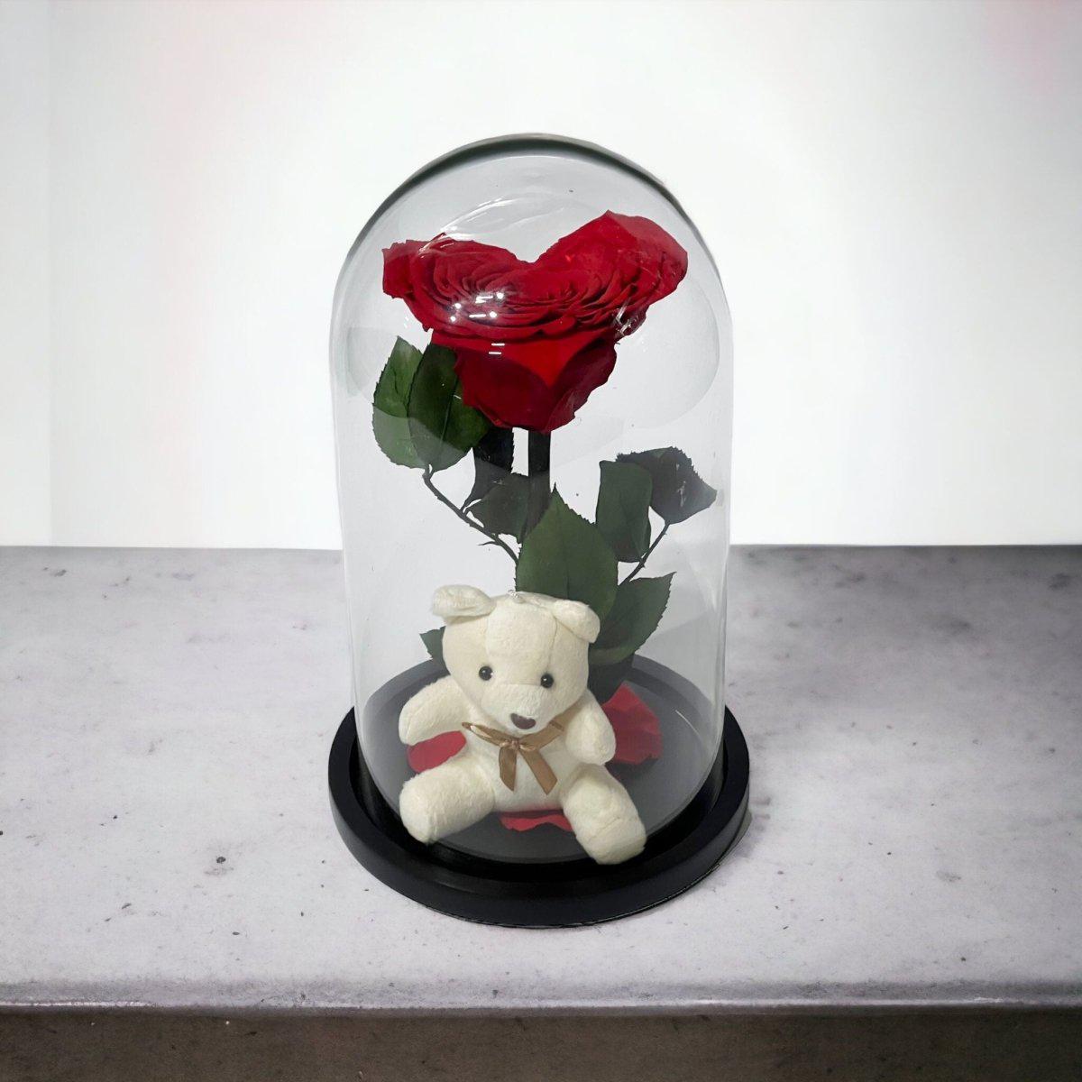 Trandafir Criogenat Roșu cu Ursuleț și Cupolă de Sticlă Cadou Romantic - Trandafir - Criogenat.ro