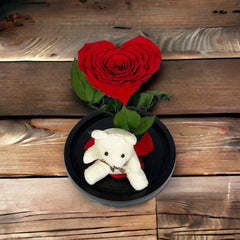 Trandafir Criogenat Roșu cu Ursuleț și Cupolă de Sticlă Cadou Romantic - Trandafir - Criogenat.ro