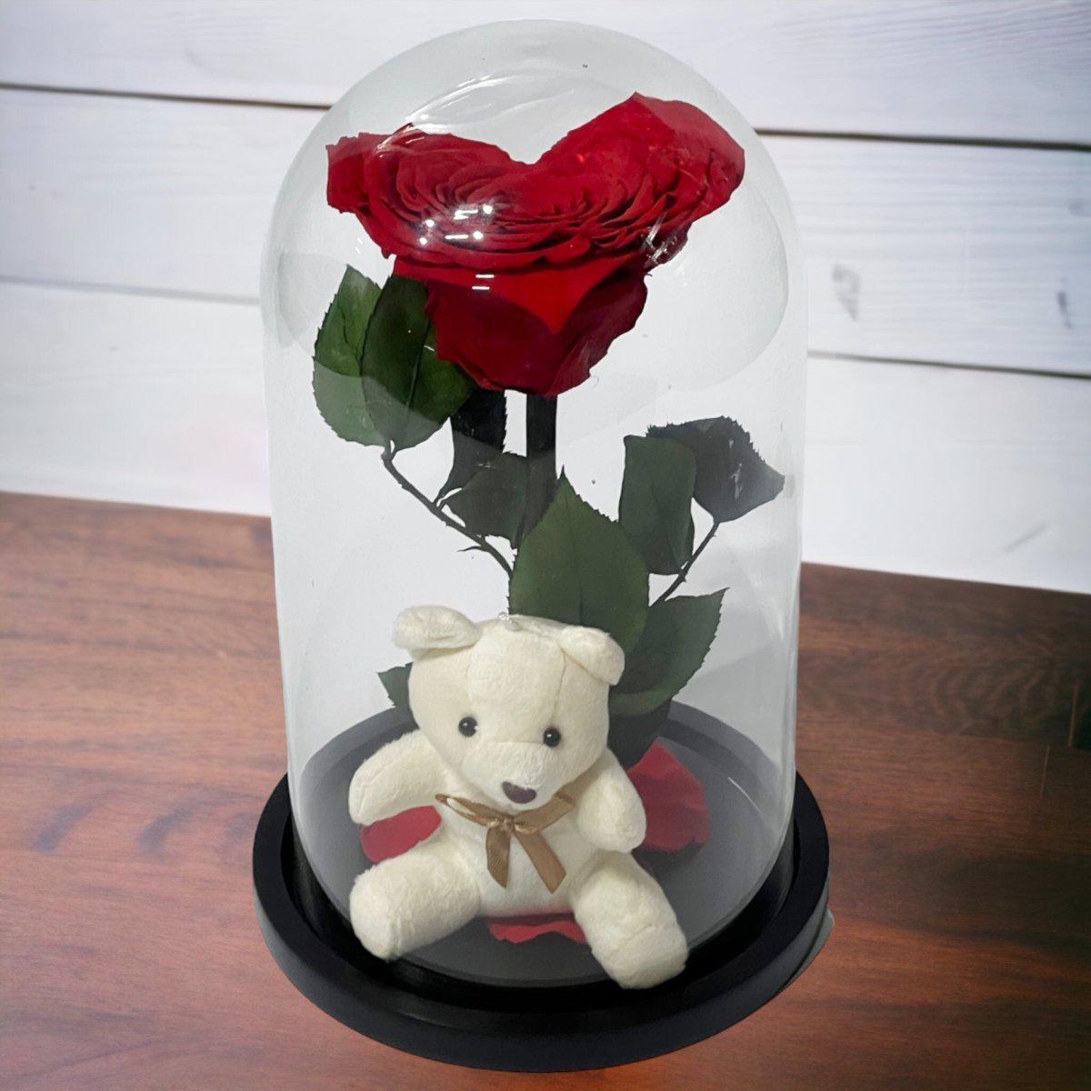 Trandafir Criogenat Roșu cu Ursuleț și Cupolă de Sticlă Cadou Romantic - Trandafir - Criogenat.ro