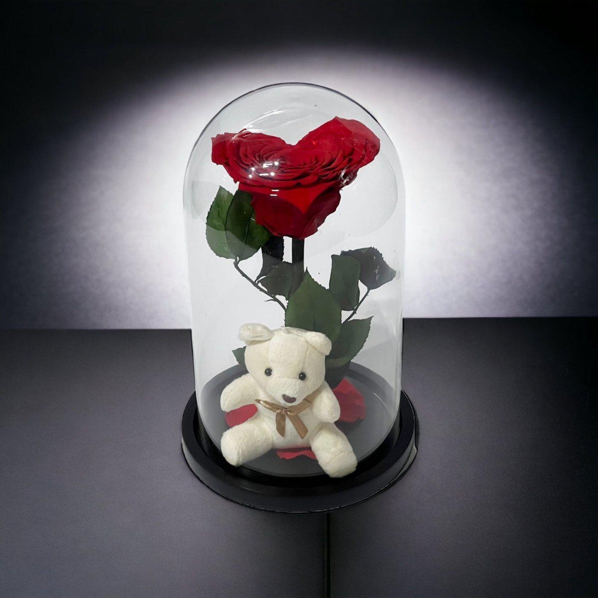 Trandafir Criogenat Roșu cu Ursuleț și Cupolă de Sticlă Cadou Romantic - Trandafir - Criogenat.ro