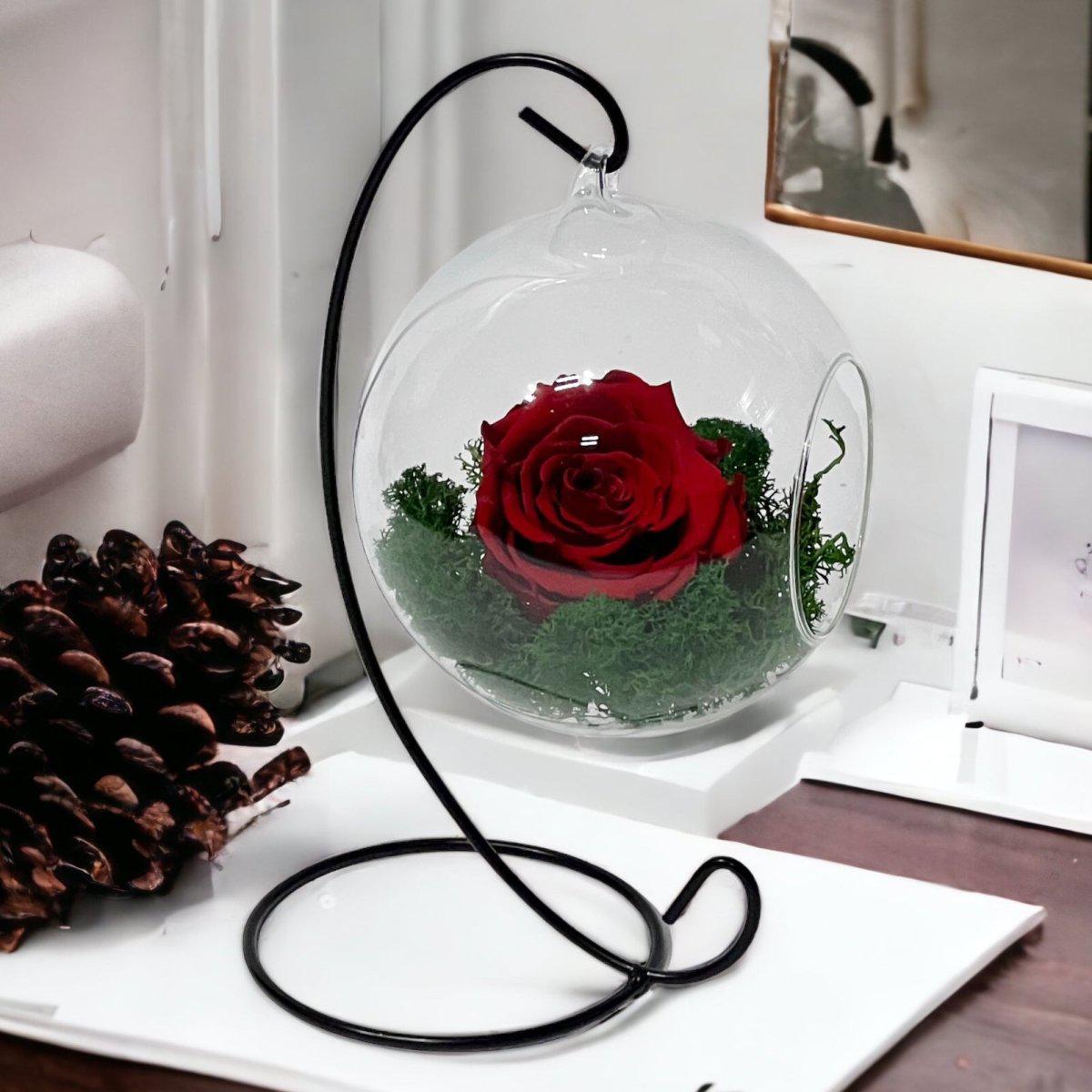 Trandafir Criogenat Roșu În Glob De Sticlă Suspendat Cu Picior Metalic - Trandafir - Criogenat.ro