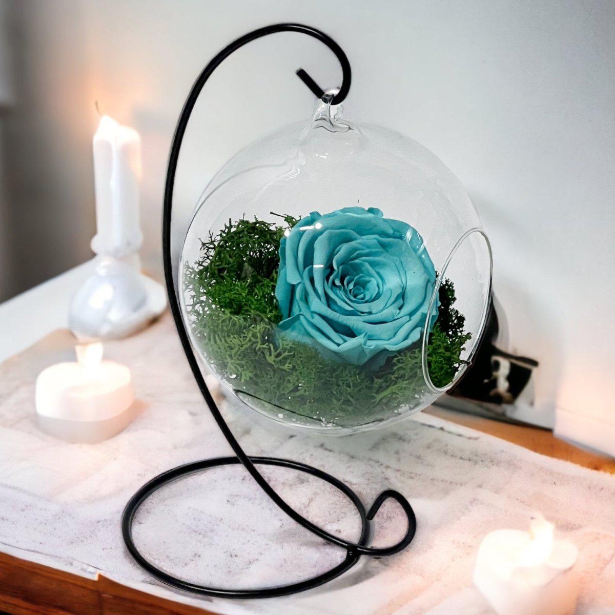 Trandafir Criogenat Turcoaz În Glob De Sticlă Suspendat 12cm Eleganță Durabilă - Trandafir - Criogenat.ro