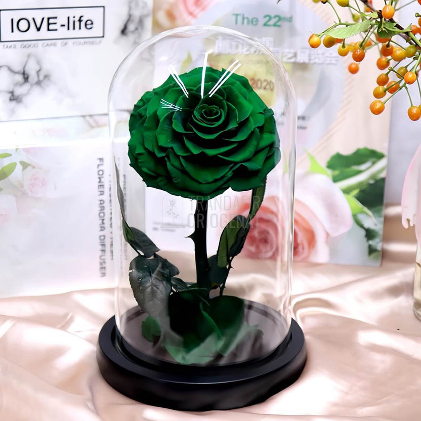 Trandafir Criogenat verde inchis in cupola de sticla, cu mesaj personalizat - Trandafir - Criogenat.ro