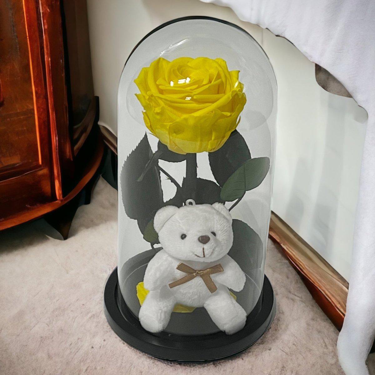 Trandafir Galben Criogenat Premium În Cupolă De Sticlă Cu Ursuleț Adorabil - Trandafir - Criogenat.ro
