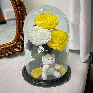 Trandafiri Criogenati De Lux Cu Ursulet In Cupola De Sticla 2 Galbeni Si 1 Alb - Trandafir - Criogenat.ro