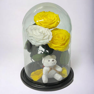 Trandafiri Criogenati De Lux Cu Ursulet In Cupola De Sticla 2 Galbeni Si 1 Alb - Trandafir - Criogenat.ro