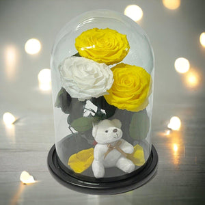 Trandafiri Criogenati De Lux Cu Ursulet In Cupola De Sticla 2 Galbeni Si 1 Alb - Trandafir - Criogenat.ro