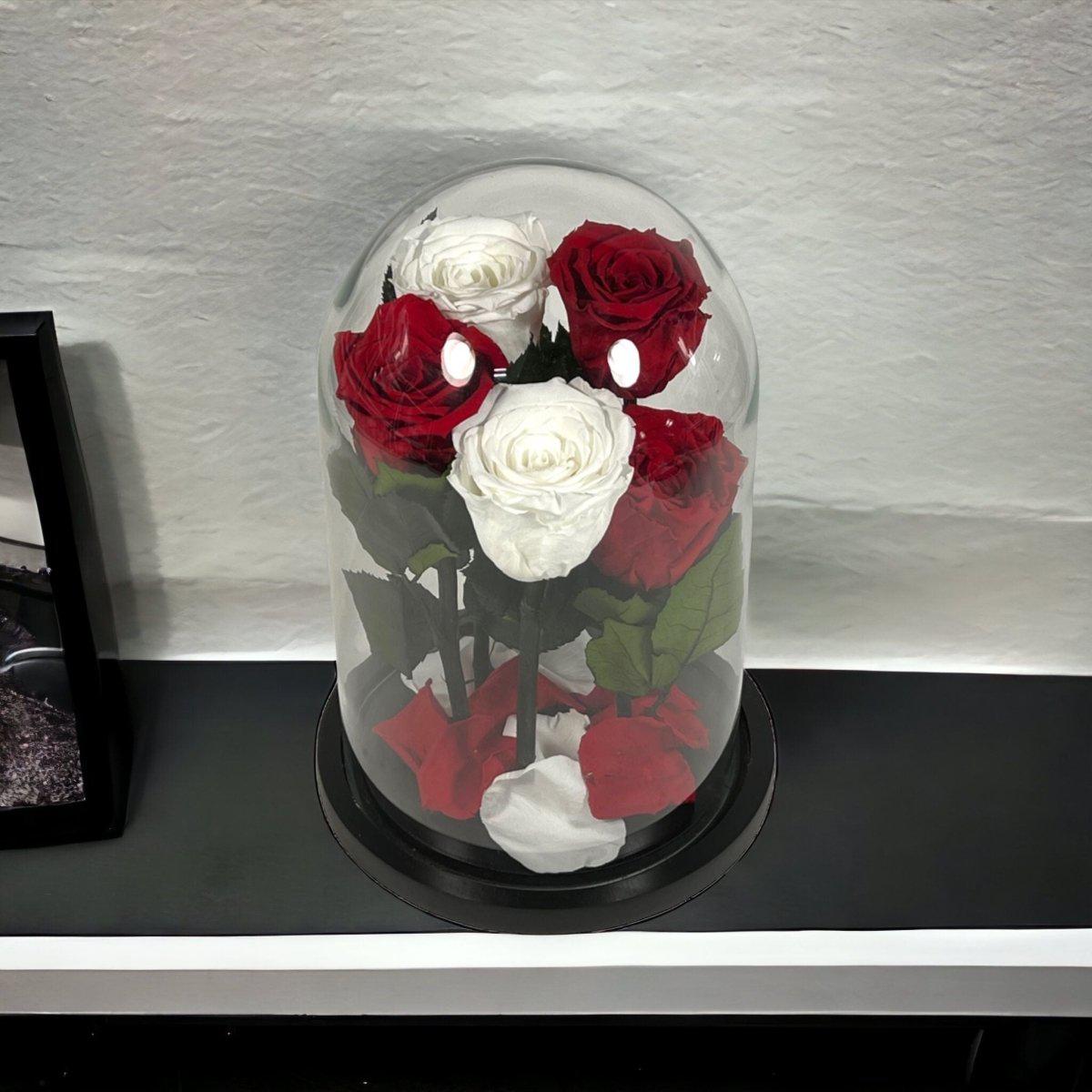 Trandafiri Criogenati In Cupola De Sticla 2 Albi Si 3 Rosii Cadou Elegant - Trandafir - Criogenat.ro