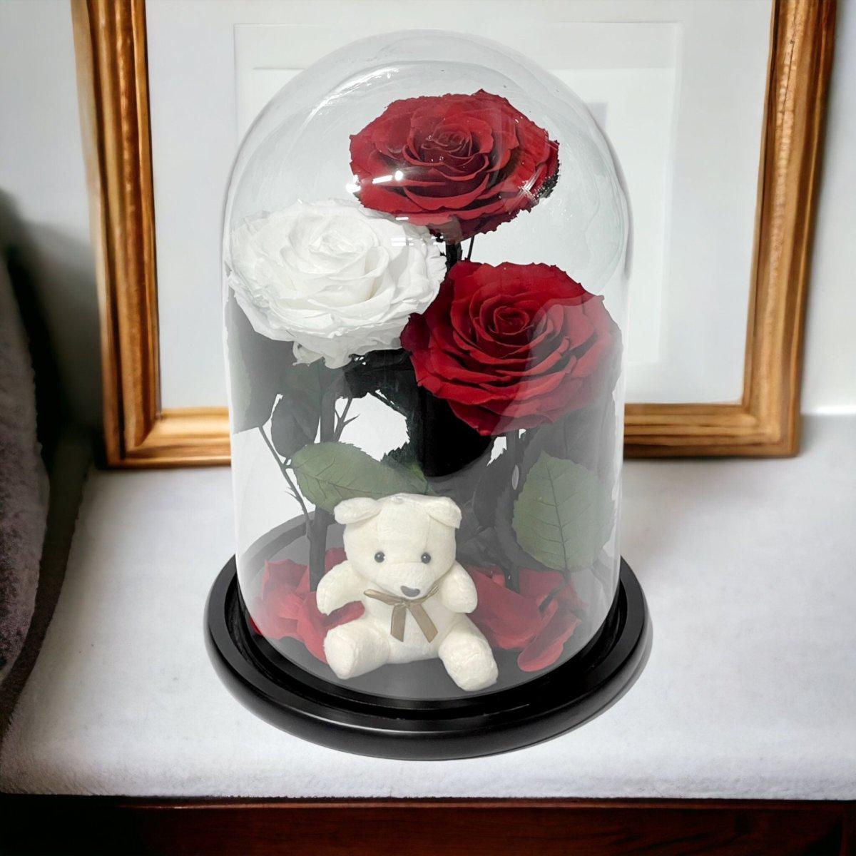 Trandafiri Criogenati Magnifici In Cupolă De Sticlă Cu 3 Flori 2 Roșii Și 1 Alb - Trandafir - Criogenat.ro