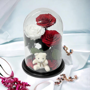 Trandafiri Criogenati Magnifici In Cupolă De Sticlă Cu 3 Flori 2 Roșii Și 1 Alb - Trandafir - Criogenat.ro