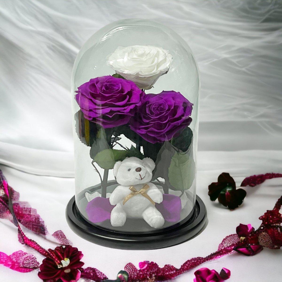 Trei Trandafiri Criogenati Impresionanti in Cupola de Sticlă Purpurii si Albi - Trandafir - Criogenat.ro