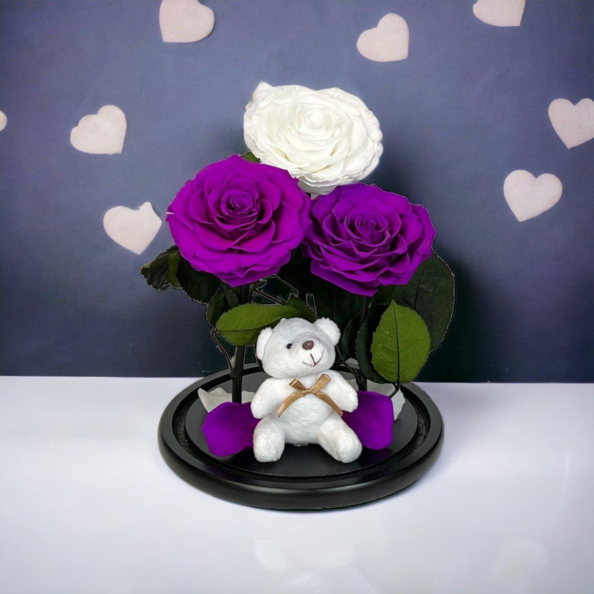 Trei Trandafiri Criogenati Impresionanti in Cupola de Sticlă Purpurii si Albi - Trandafir - Criogenat.ro