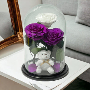 Trei Trandafiri Criogenati Impresionanti in Cupola de Sticlă Purpurii si Albi - Trandafir - Criogenat.ro