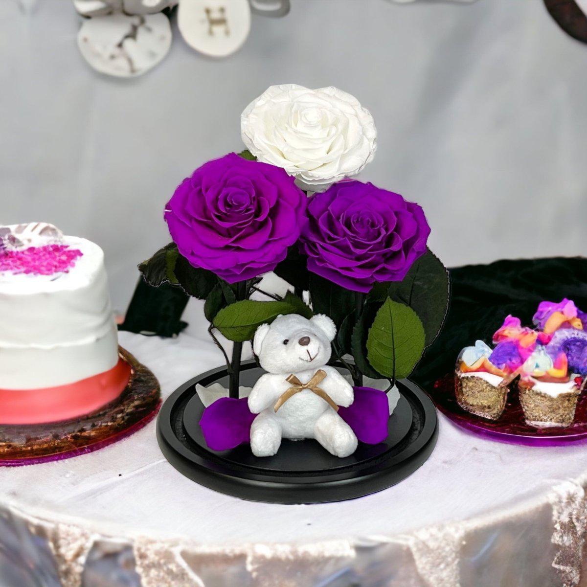 Trei Trandafiri Criogenati Impresionanti in Cupola de Sticlă Purpurii si Albi - Trandafir - Criogenat.ro