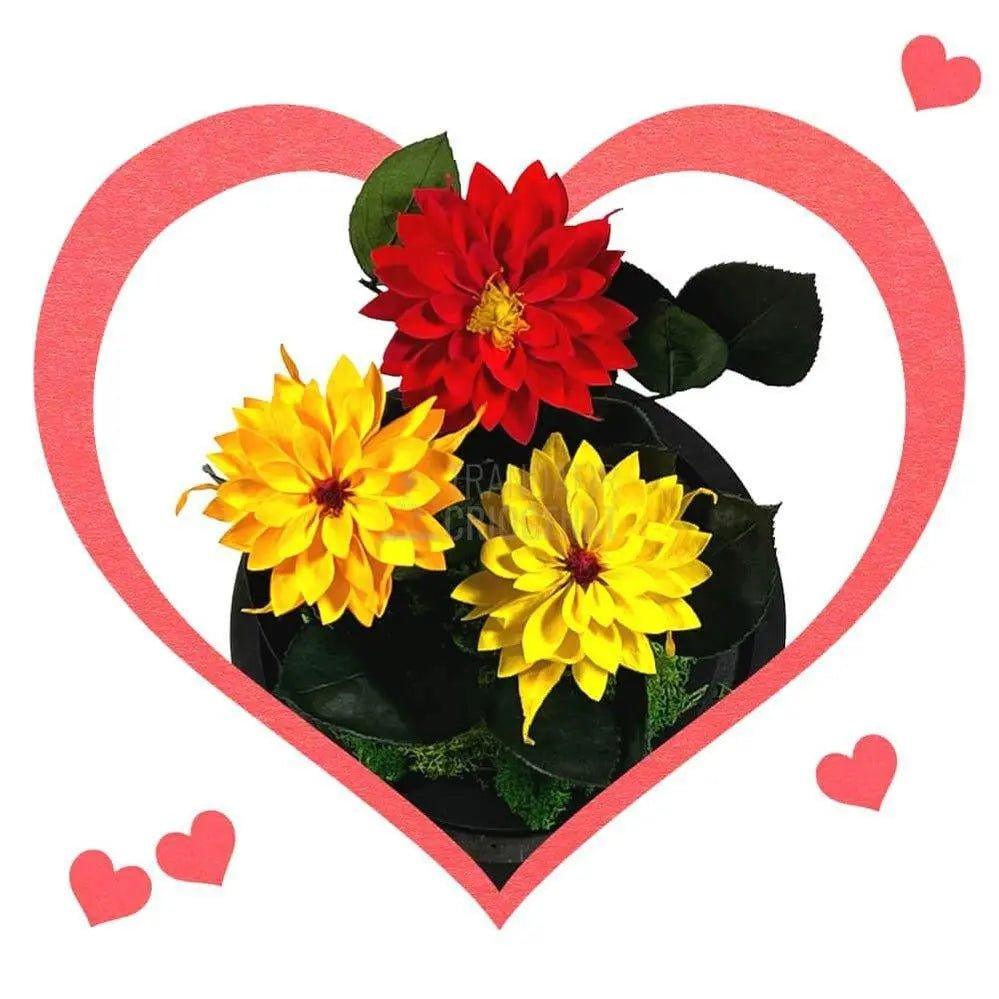 3 Dalii Criogenate rosie, portocalie, galbena in cupola de sticla - Trandafir-Criogenat.ro