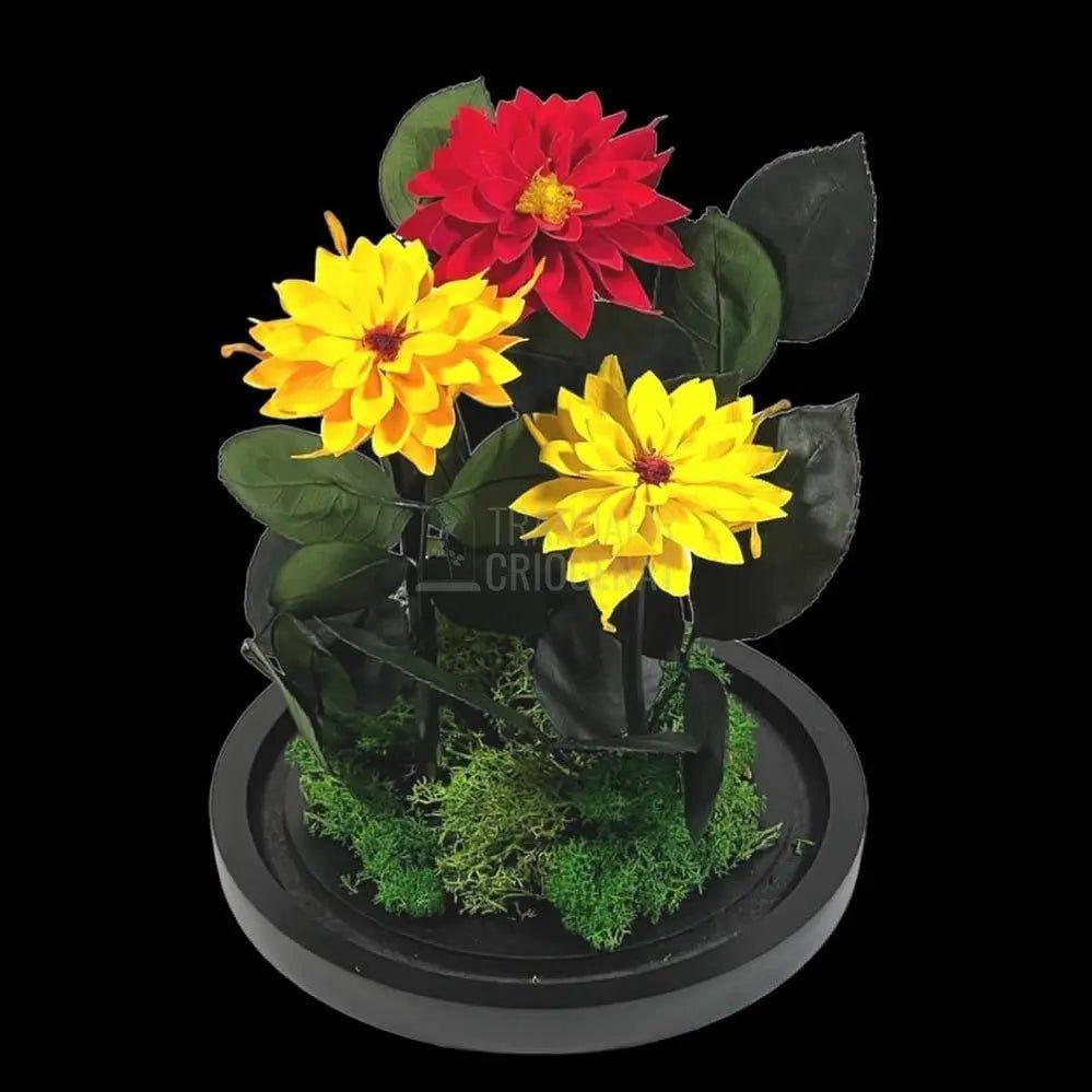 3 Dalii Criogenate rosie, portocalie, galbena in cupola de sticla - Trandafir-Criogenat.ro