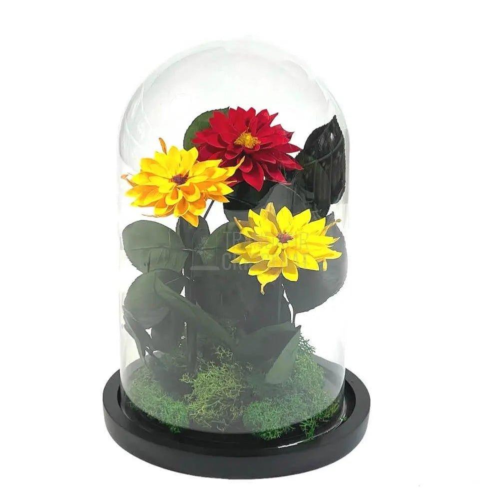 3 Dalii Criogenate rosie, portocalie, galbena in cupola de sticla - Trandafir-Criogenat.ro