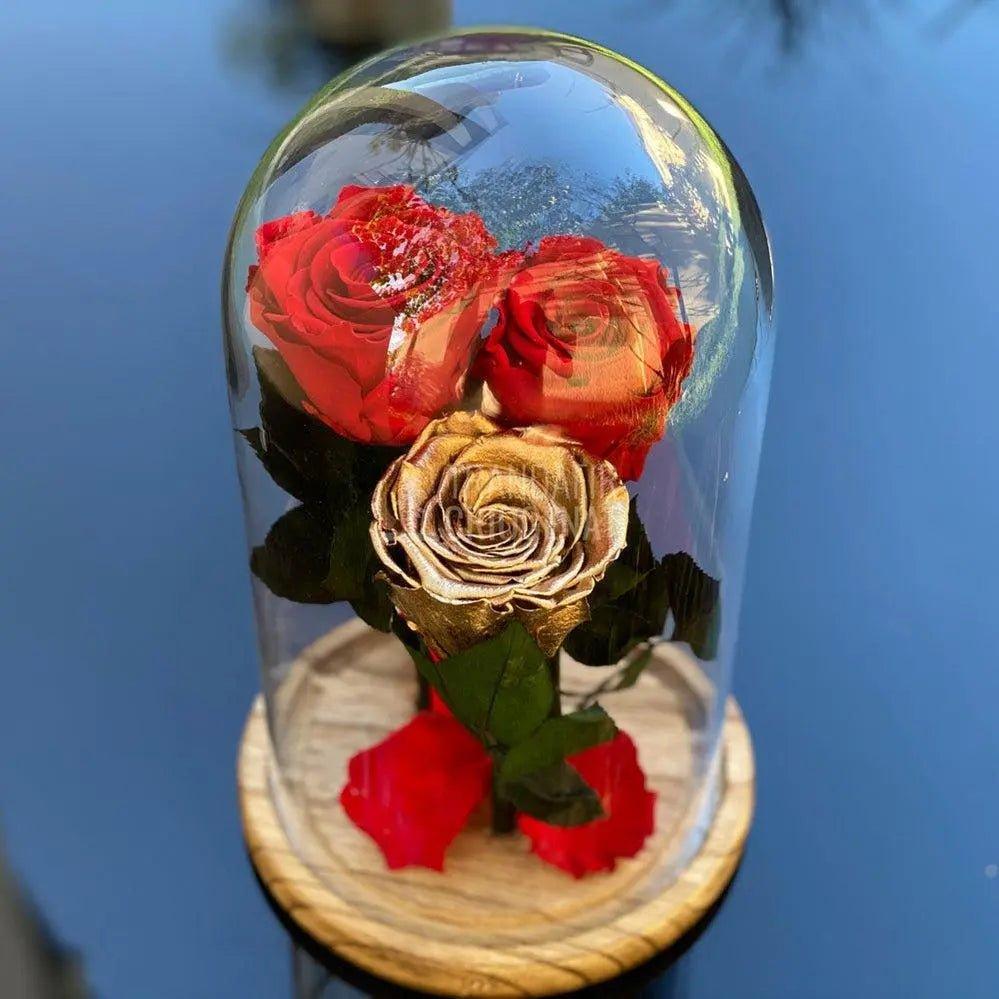 3 Trandafiri Criogenati 2rosii+1auriu, Ø6,5cm in cupola mare - Trandafir-Criogenat.ro