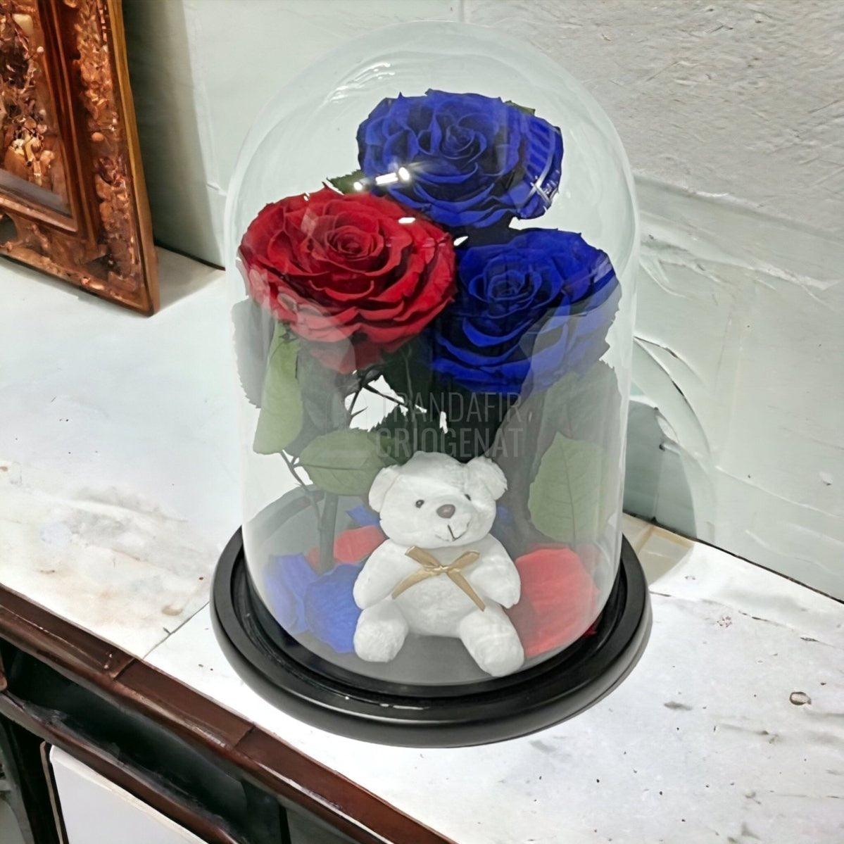 3 Trandafiri Criogenati mari, 2 albastrii, 1 rosu, cupola ursulet - Trandafir-Criogenat.ro