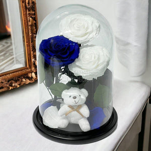 3 Trandafiri Criogenati mari, 2 albi, 1 albastru, cupola ursulet - Trandafir-Criogenat.ro