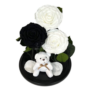 3 Trandafiri Criogenati mari, 2 albi, 1 negru, cupola cu ursulet - Trandafir-Criogenat.ro