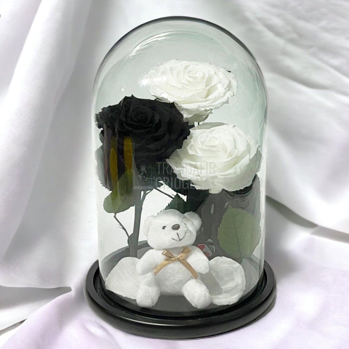3 Trandafiri Criogenati mari, 2 albi, 1 negru, cupola cu ursulet - Trandafir-Criogenat.ro