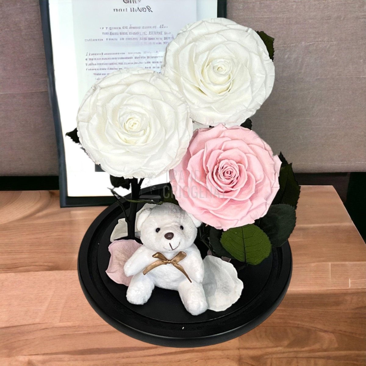 3 Trandafiri Criogenati mari, 2 albi, 1 roz, cupola cu ursulet - Trandafir-Criogenat.ro