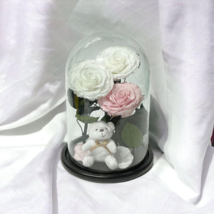 3 Trandafiri Criogenati mari, 2 albi, 1 roz, cupola cu ursulet - Trandafir-Criogenat.ro