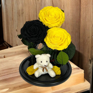 3 Trandafiri Criogenati mari, 2 galbeni, 1 negru, cupola ursulet - Trandafir-Criogenat.ro