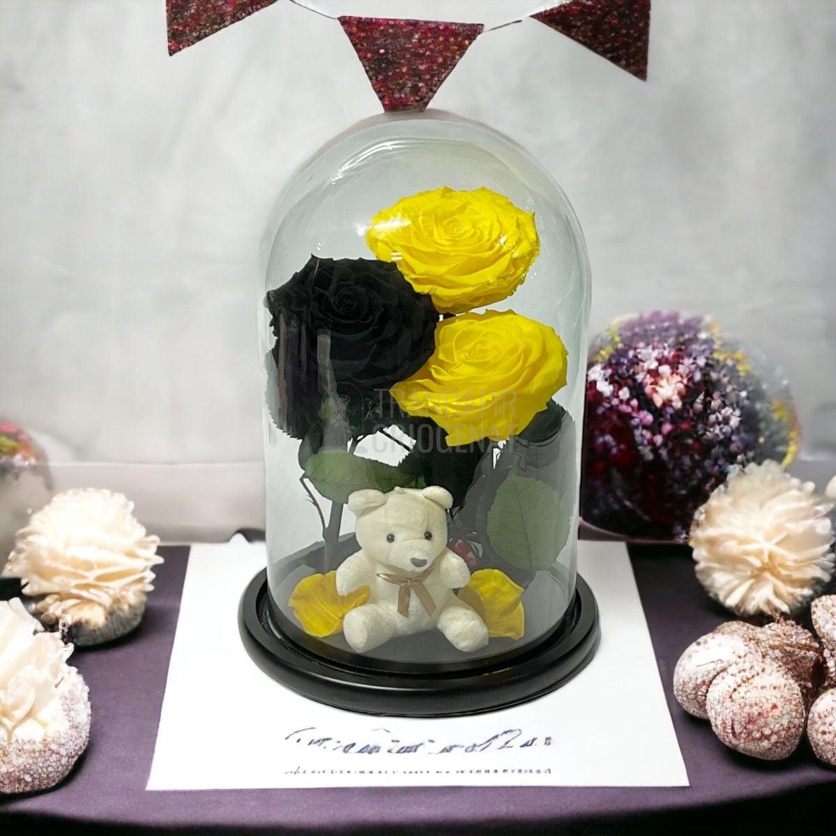 3 Trandafiri Criogenati mari, 2 galbeni, 1 negru, cupola ursulet - Trandafir-Criogenat.ro