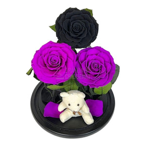 3 Trandafiri Criogenati mari, 2 purpuriu, 1 negru, cupola ursulet - Trandafir-Criogenat.ro