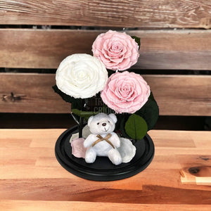 3 Trandafiri Criogenati mari, 2 roz, 1 alb, cupola cu ursulet - Trandafir-Criogenat.ro