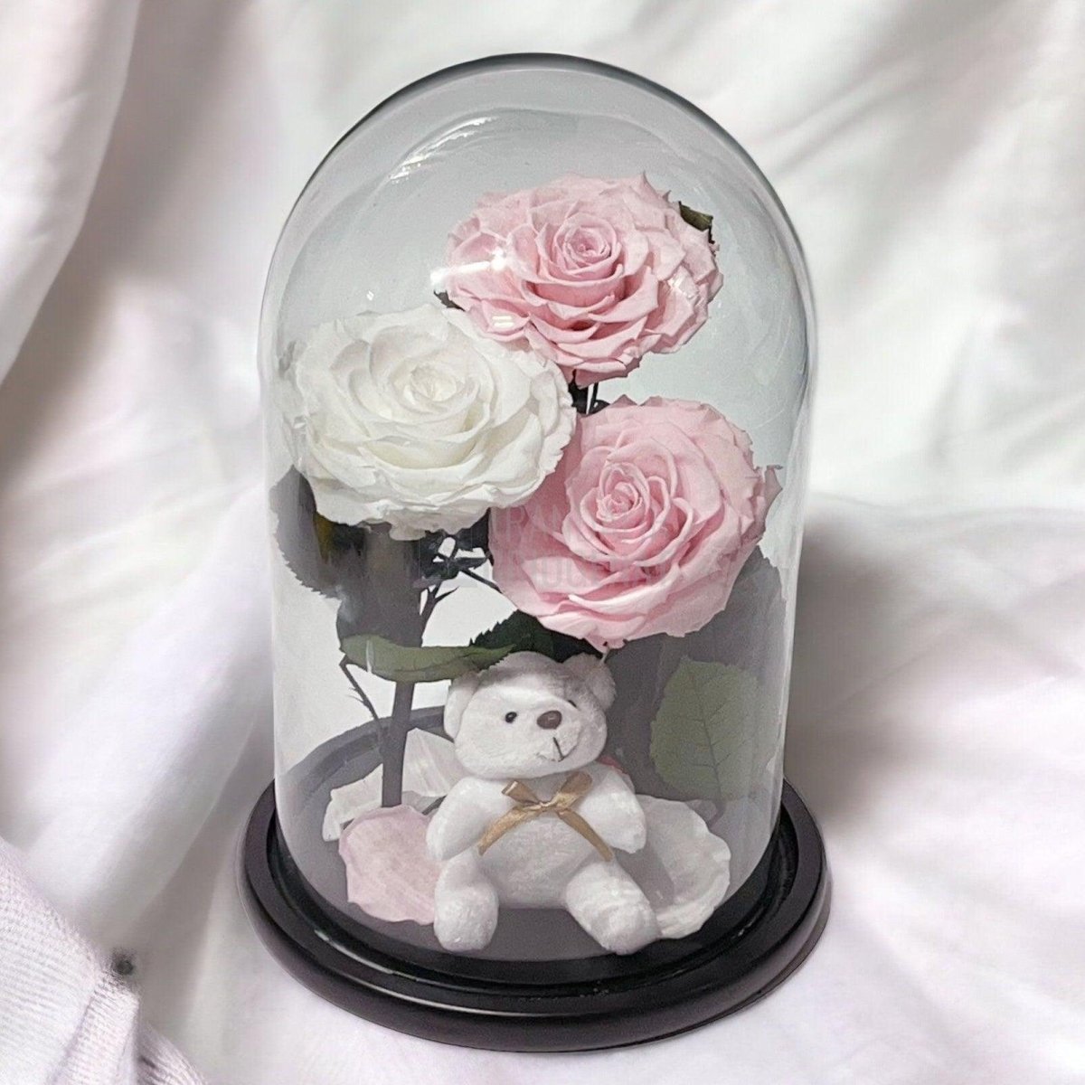 3 Trandafiri Criogenati mari, 2 roz, 1 alb, cupola cu ursulet - Trandafir-Criogenat.ro