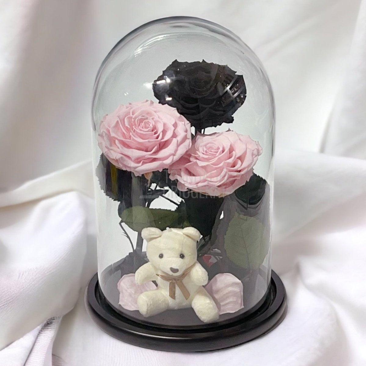 3 Trandafiri Criogenati mari, 2 roz, 1 negru, cupola cu ursulet - Trandafir-Criogenat.ro