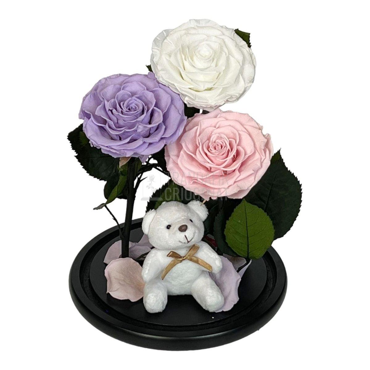 3 Trandafiri Criogenati mari, alb, lila, roz, cupola ursulet - Trandafir-Criogenat.ro