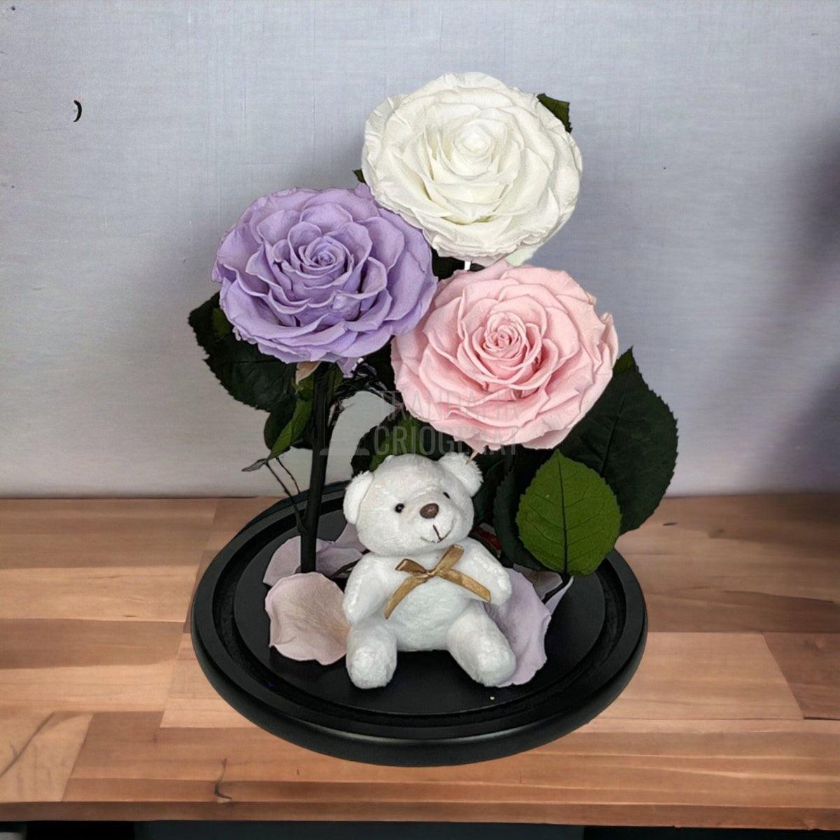 3 Trandafiri Criogenati mari, alb, lila, roz, cupola ursulet - Trandafir-Criogenat.ro