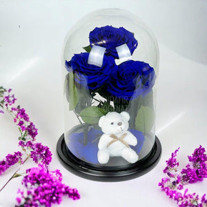 3 Trandafiri Criogenati mari albastrii in cupola, cu ursulet - Trandafir-Criogenat.ro