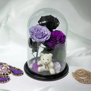 3 Trandafiri Criogenati mari, negru, lila, purpuriu, cupola ursulet - Trandafir-Criogenat.ro