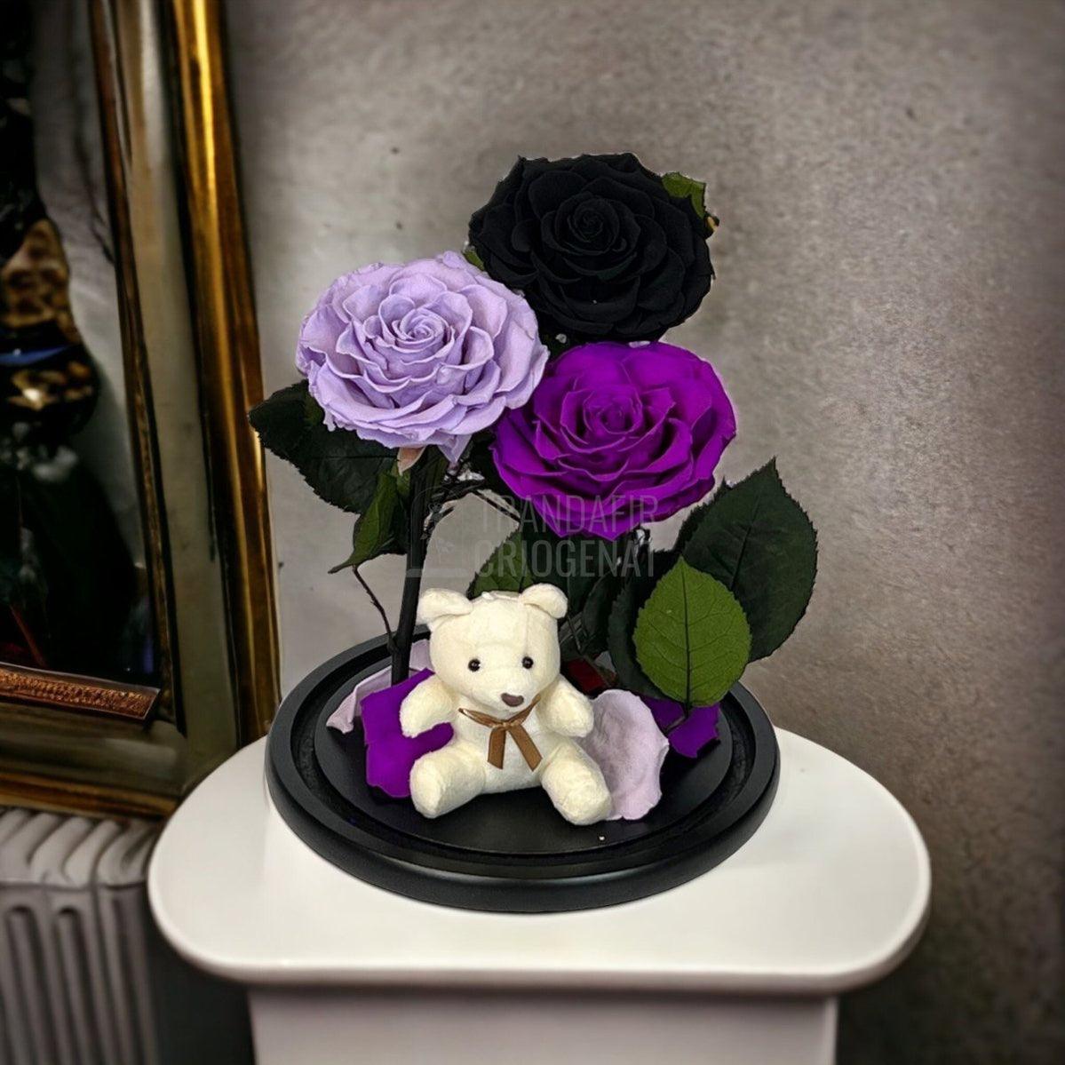3 Trandafiri Criogenati mari, negru, lila, purpuriu, cupola ursulet - Trandafir-Criogenat.ro