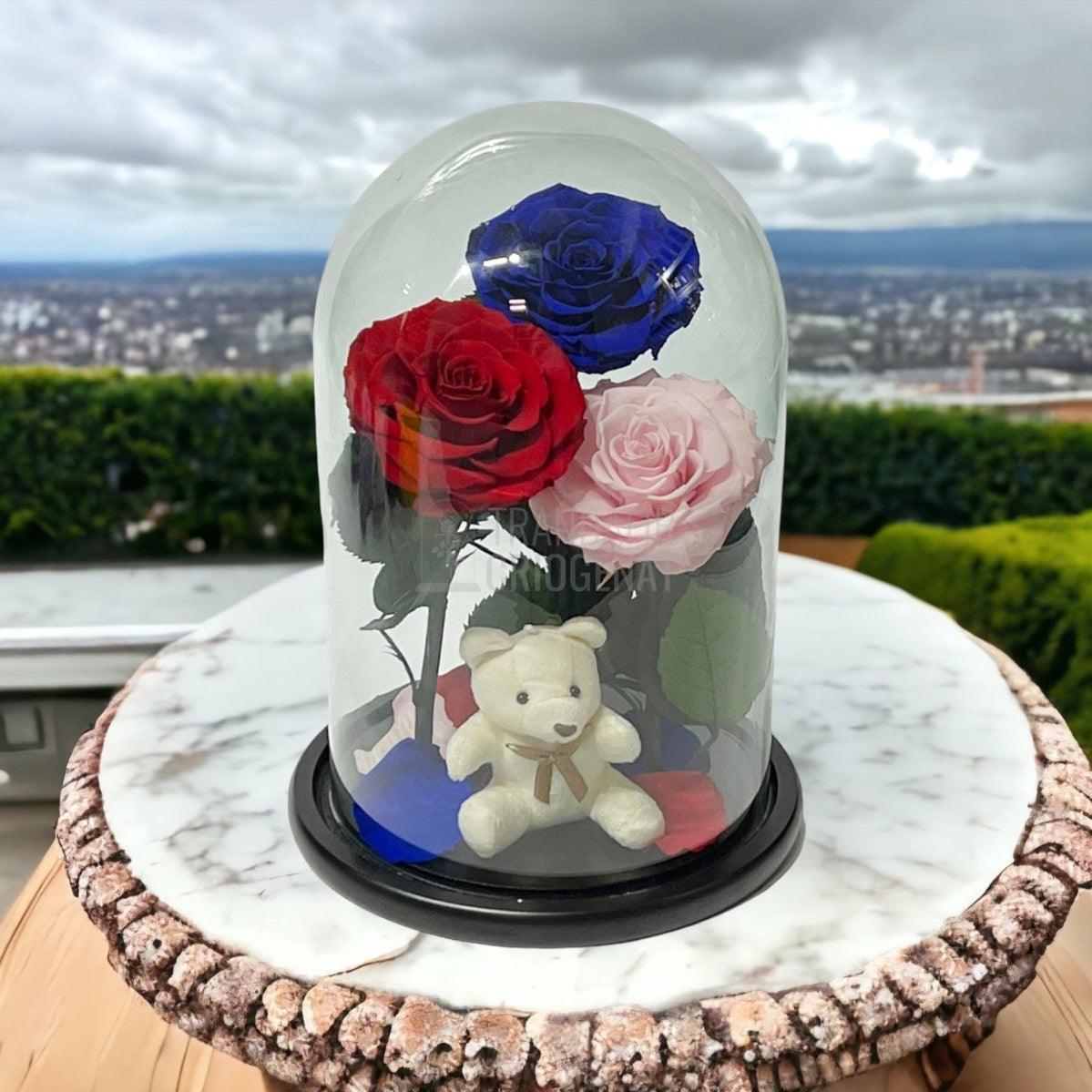 3 Trandafiri Criogenati mari, rosu, albastru, roz, cupola ursulet - Trandafir-Criogenat.ro